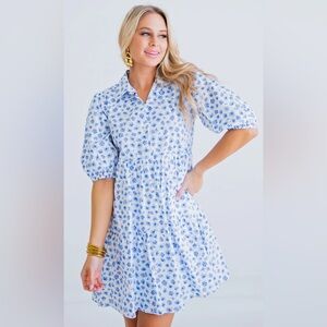 BLUE/WHITE FLORAL POPLIN COLLAR TIERED DRESS